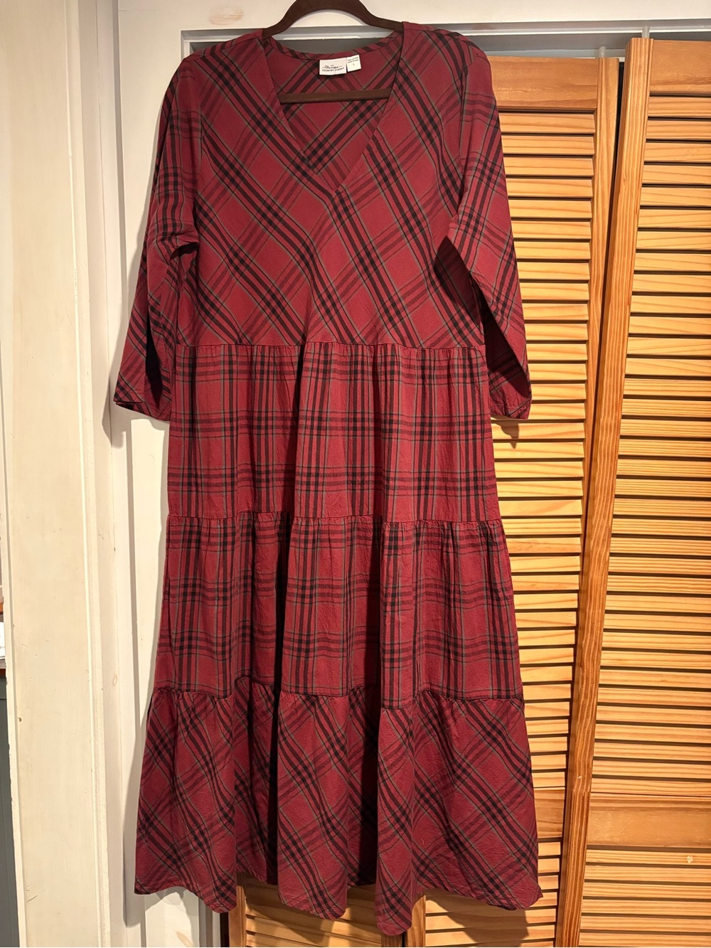 Vermont Country Store Plaid Midi Dress Cotton Tiered Burgundy Cottagecore Modest